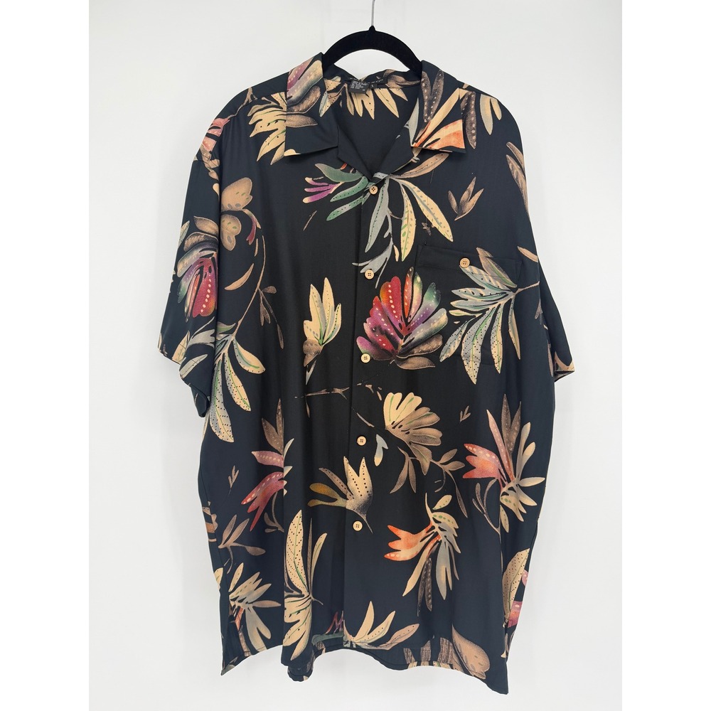 Tulliano Mens Large Black Silk Tropical Floral Herringbone Camp Shirt S/S Pocket